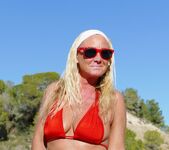 Natalie K - Outdoor public flashing in red bikini