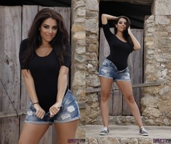 Charley in her black bodysuit and denim shorts - Solo Hot Gallery