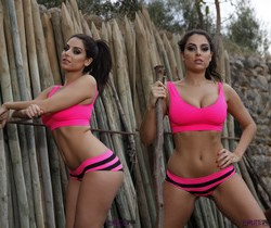 Charley outdoors in her pink and black sporty ensemble - Solo Nude Pics
