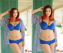 Lucy V teases on the patio in her blue lingerie - Solo Nude Gallery