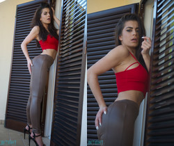 Katie Salmon Brown Leather Leggings - Skin Tight Glamour - Solo Nude Gallery