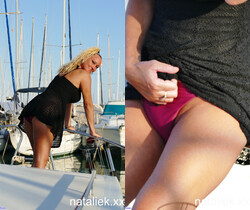 Natalie K - Bikini strip on a boat in the marina - MILF Porn Gallery