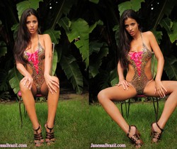 Janessa Brazil - Horney Slut in Shiny Golden Swimsuit - Solo Image Gallery