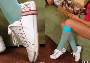 Alison Star - Footjob in lacy blue knee socks! - Feet TGP
