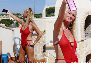 BTS outside selfshot flashing in red see through lingerie - MILF Nude Pics