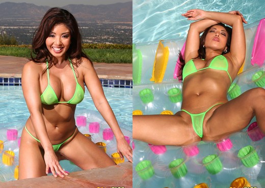 Akira Lane - Sheer Green Bikini on Raft - Asian Sexy Photo Gallery