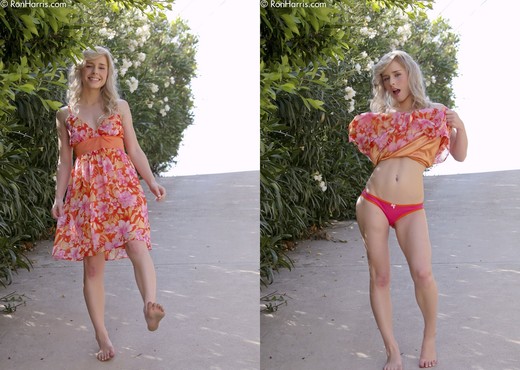 Charming Kara wearing her floral dress flashing her pussy - Solo Picture Gallery
