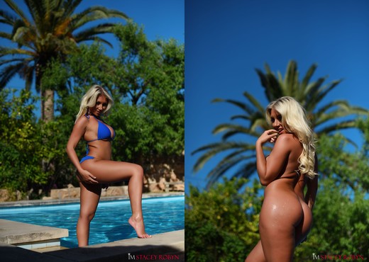 Stacey Robyn strips nude by the pool in her blue bikini - Solo Picture Gallery