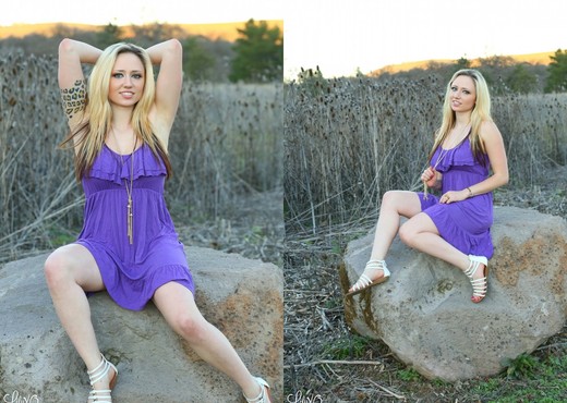 Lily plays with her pussy in her purple dress - Solo Sexy Photo Gallery