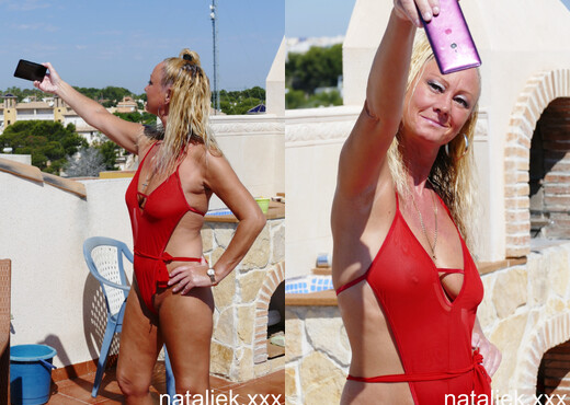 BTS outside selfshot flashing in red see through lingerie - MILF Nude Pics